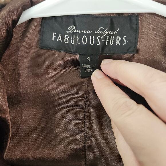 DONNA SALYERS FABULOUS Furs Brown Coat Jacket Faux Fur Trim Small Animal Print - Picture 7 of 9